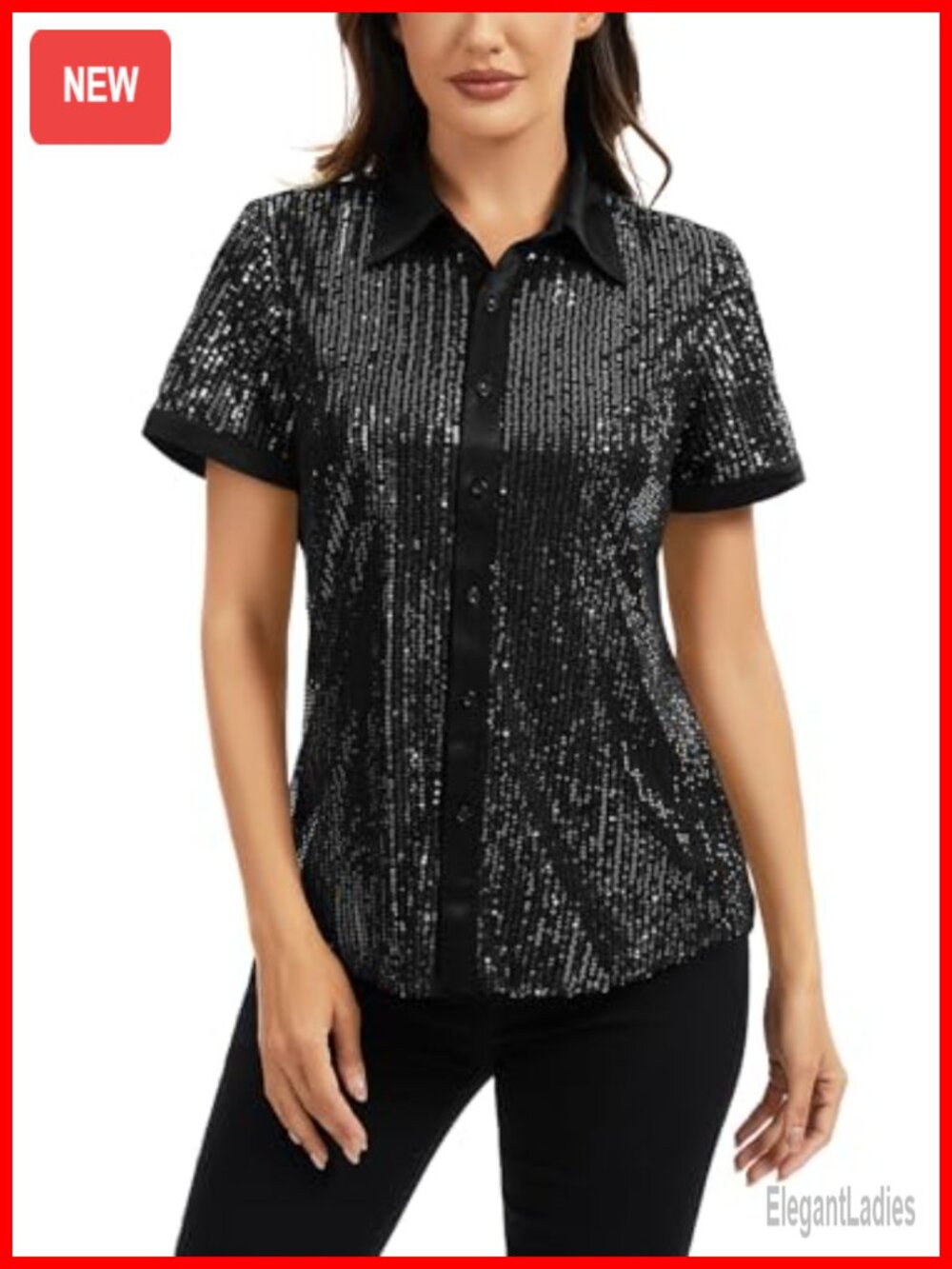 Sequin Short Sleeve Button Down Shirt Collared Sparkly Tunic Top